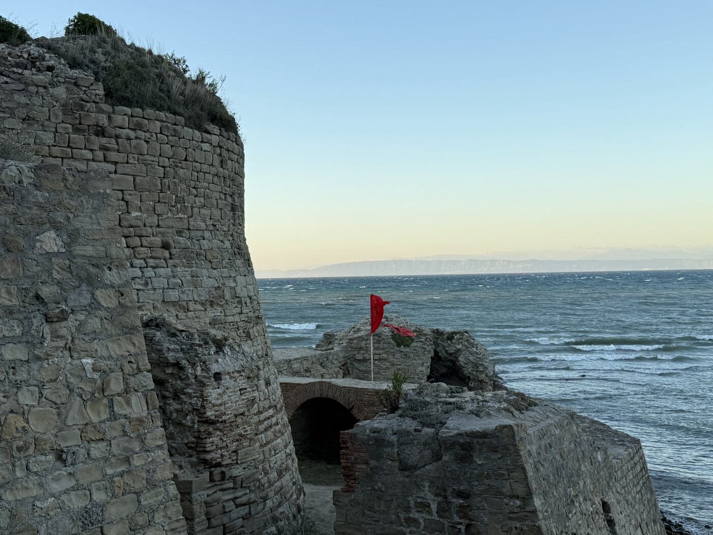 Historic stone fortifications at Cape Rodon above the Adriatic Sea.